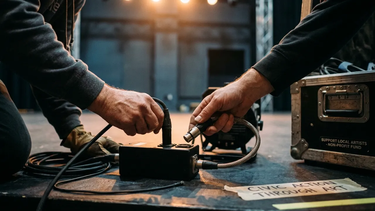 Geste de technicien préparant un équipement scénique solidaire